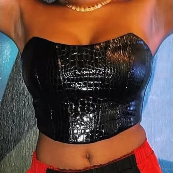 Strapless Black Croc-Embossed Satin Bustier Top - Picture 1 of 3